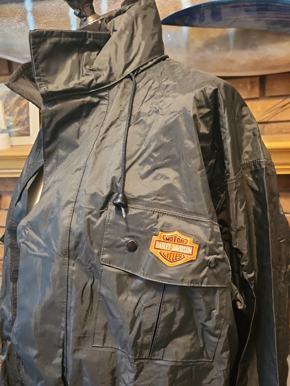 Harley-Davidson Black Packable Raincoat Large With Bag Hooded Velcro And Zipper